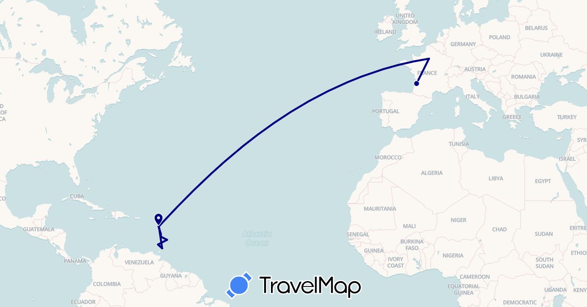 TravelMap itinerary: driving in Barbados, France, Grenada, Guadeloupe, Saint Lucia, Martinique, Trinidad and Tobago (Europe, North America)